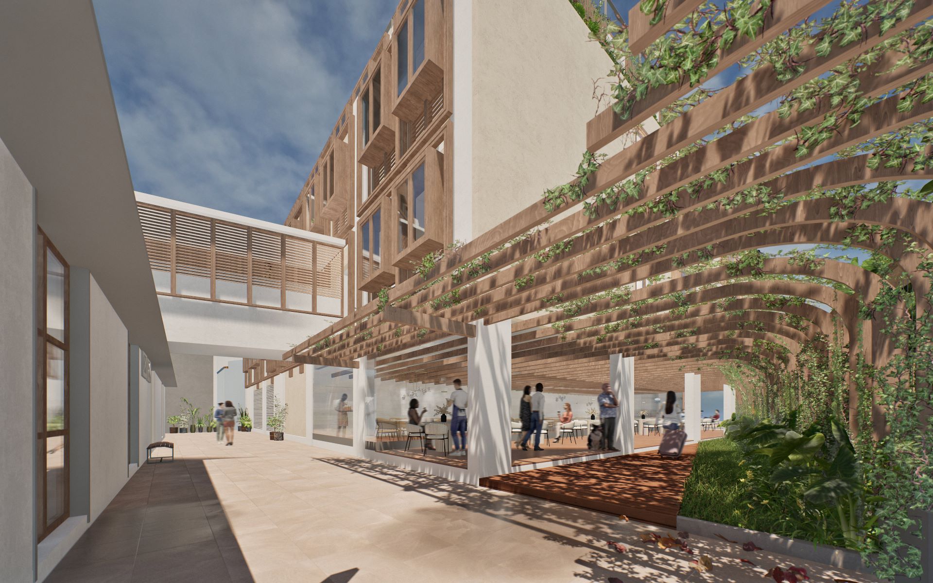 Trellis Walkway View and Skybridge connecting new annex building with existing shophouses